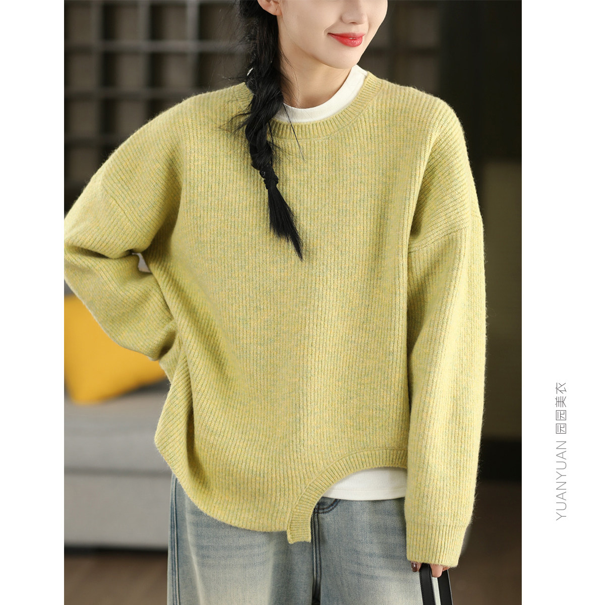 园园美衣早春时尚针织套头衫女不规则摆圆领长袖毛衣气质显瘦上衣