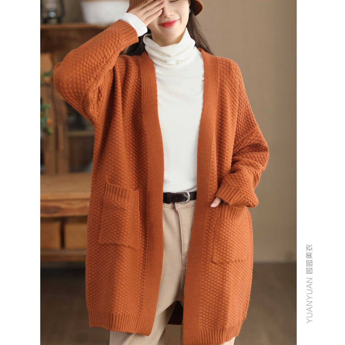 4.28美衣新款30%羊毛外套女重工菠萝针织中长款加厚毛衣开衫外搭3