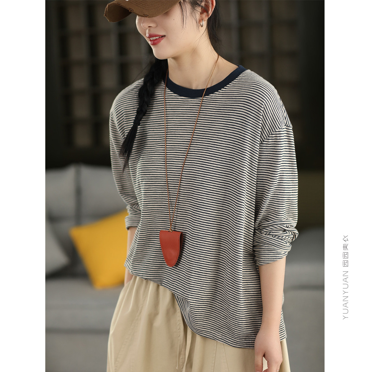 园园美衣复古100%棉细条纹长袖女春季圆领套头衫休闲上衣T恤显瘦