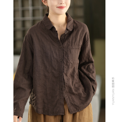 砂洗麻衬衫单排扣衬衣上衣