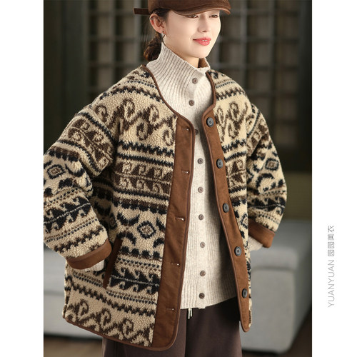 园园美衣冬季中长款费尔岛羊羔毛加厚外套内里麂皮绒保暖棉袄棉服
