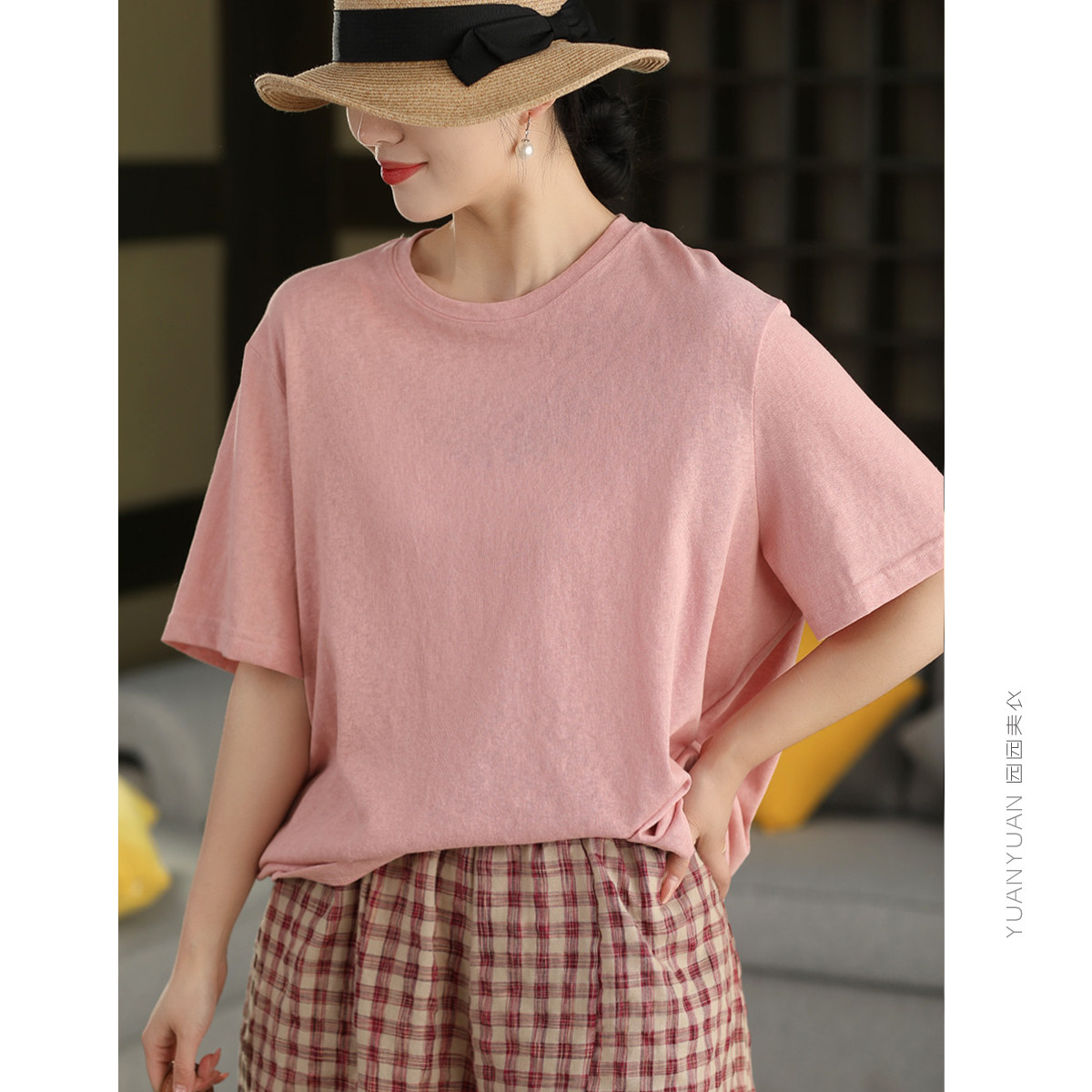 园园美衣复古透气麻短袖女夏季圆领套头衫百搭纯色上衣休闲T恤
