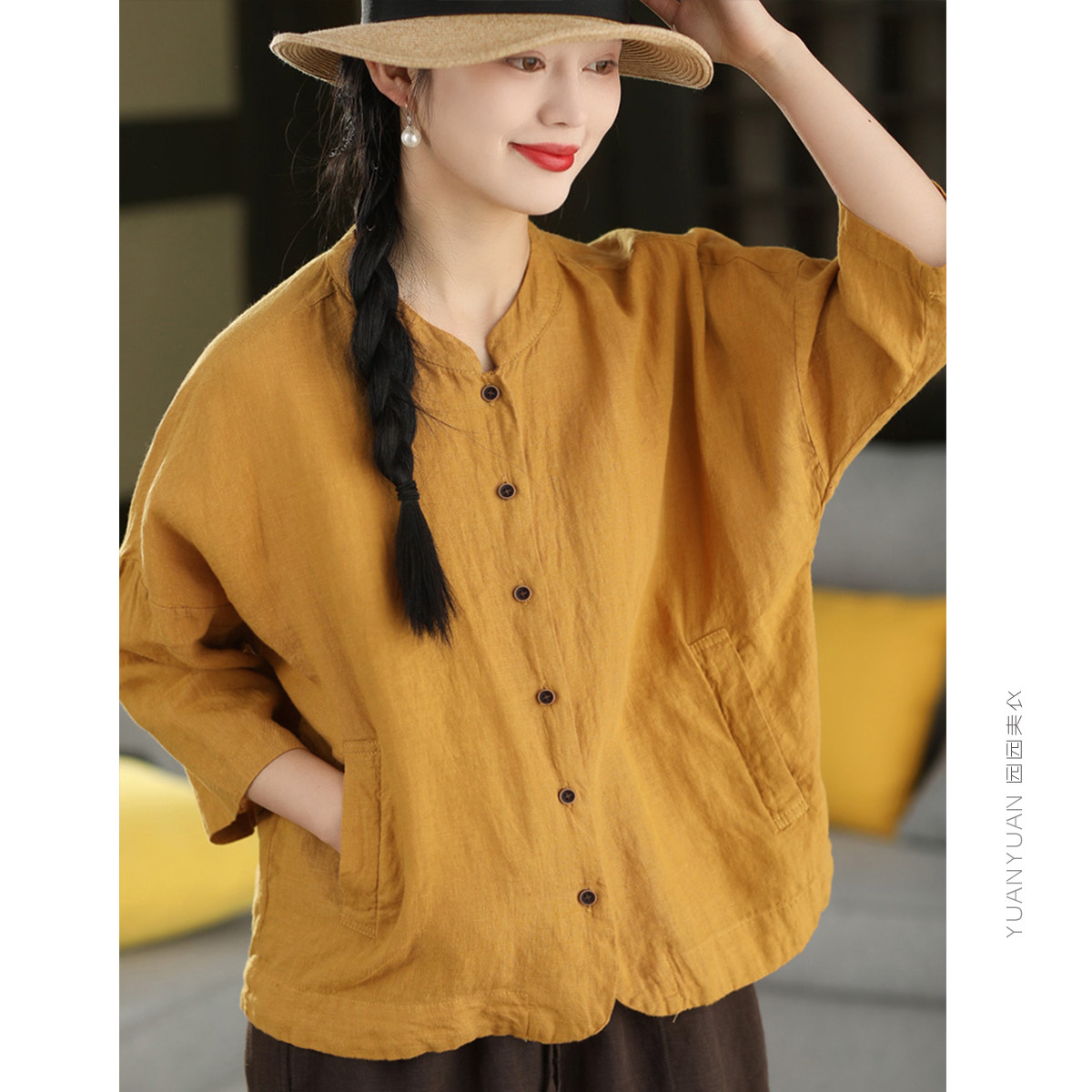 园园美衣复古砂洗100%亚麻衬衫外套女夏季立领中袖单排扣衬衣上衣