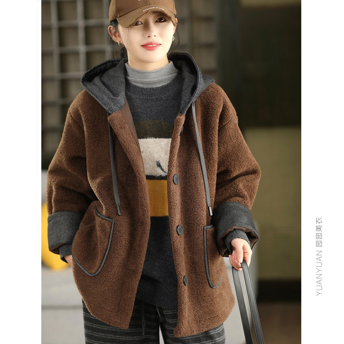 羊羔绒加厚外套不对称口袋拼接牛仔连帽保暖内里麂皮绒皮毛一体