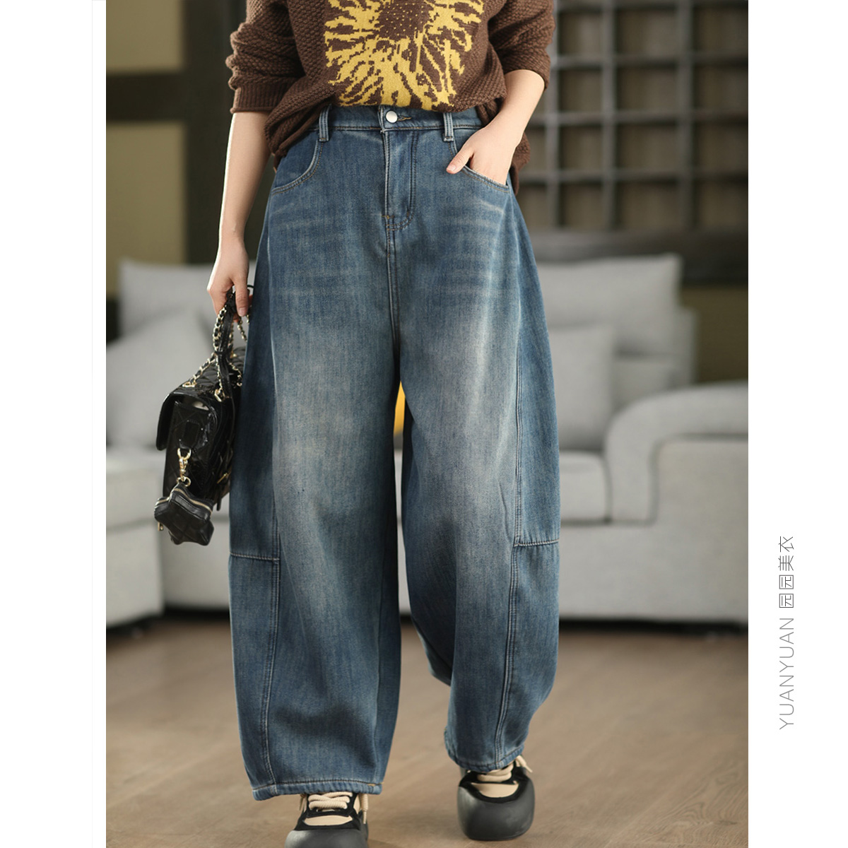 园园美衣冬季复古牛仔加绒直筒裤女高腰加厚休闲裤显瘦阔腿裤长裤
