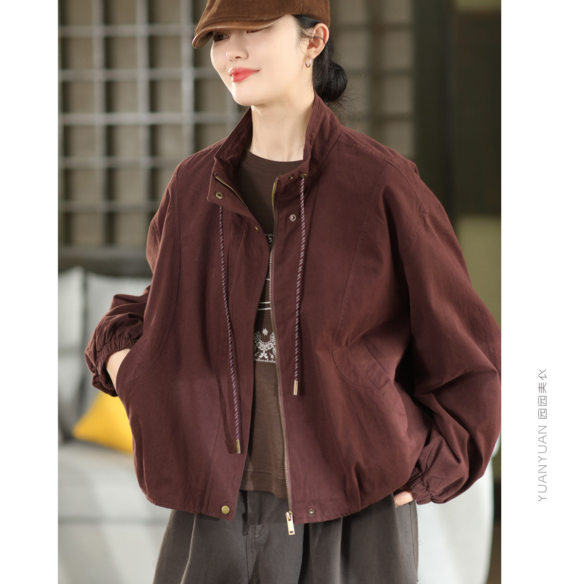 园园美衣复古100%棉双层外套女2026年秋款抽绳领宽松夹克外搭开衫