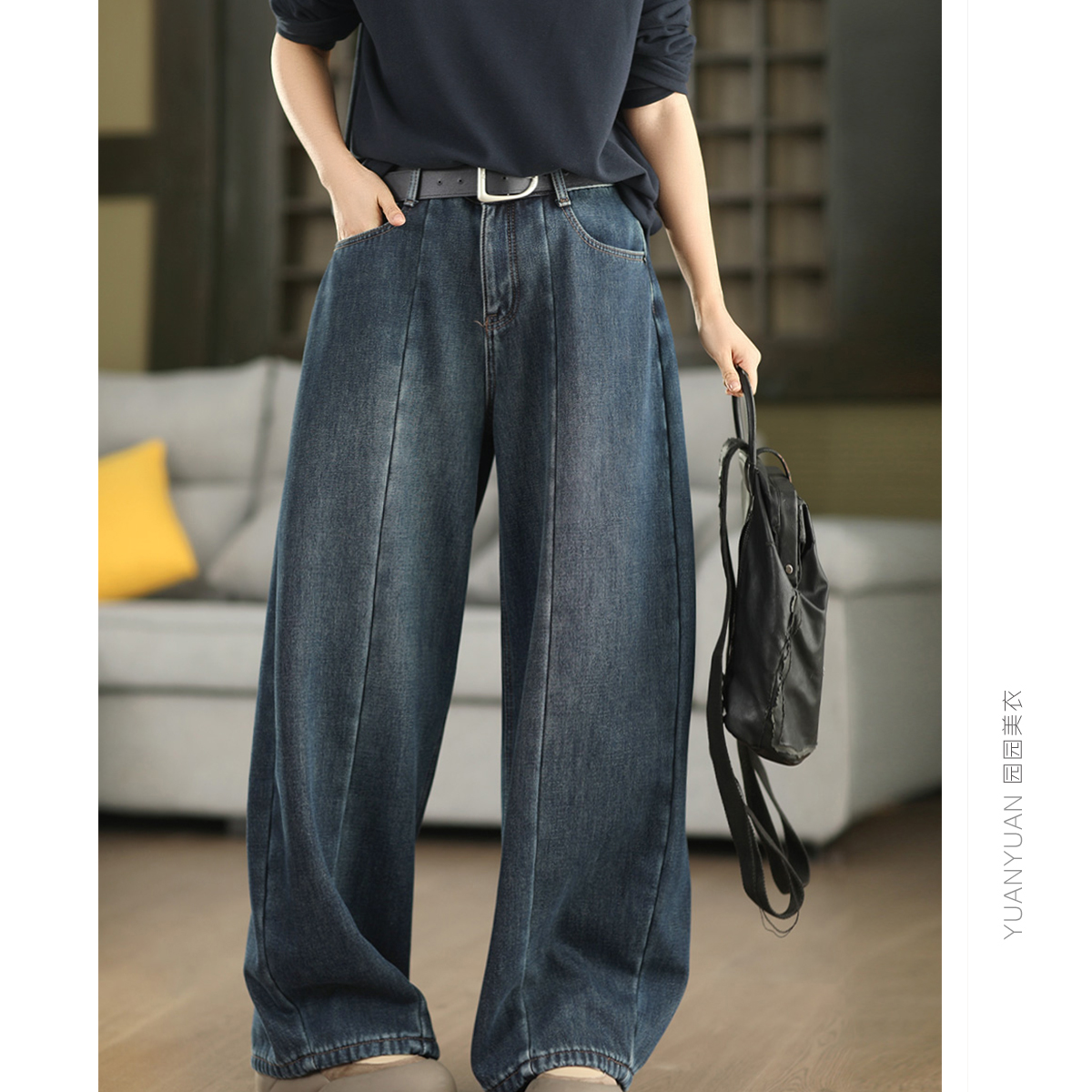 【专柜高品质牛仔】加绒直筒裤女高腰显瘦宽松阔腿裤加厚保暖长裤