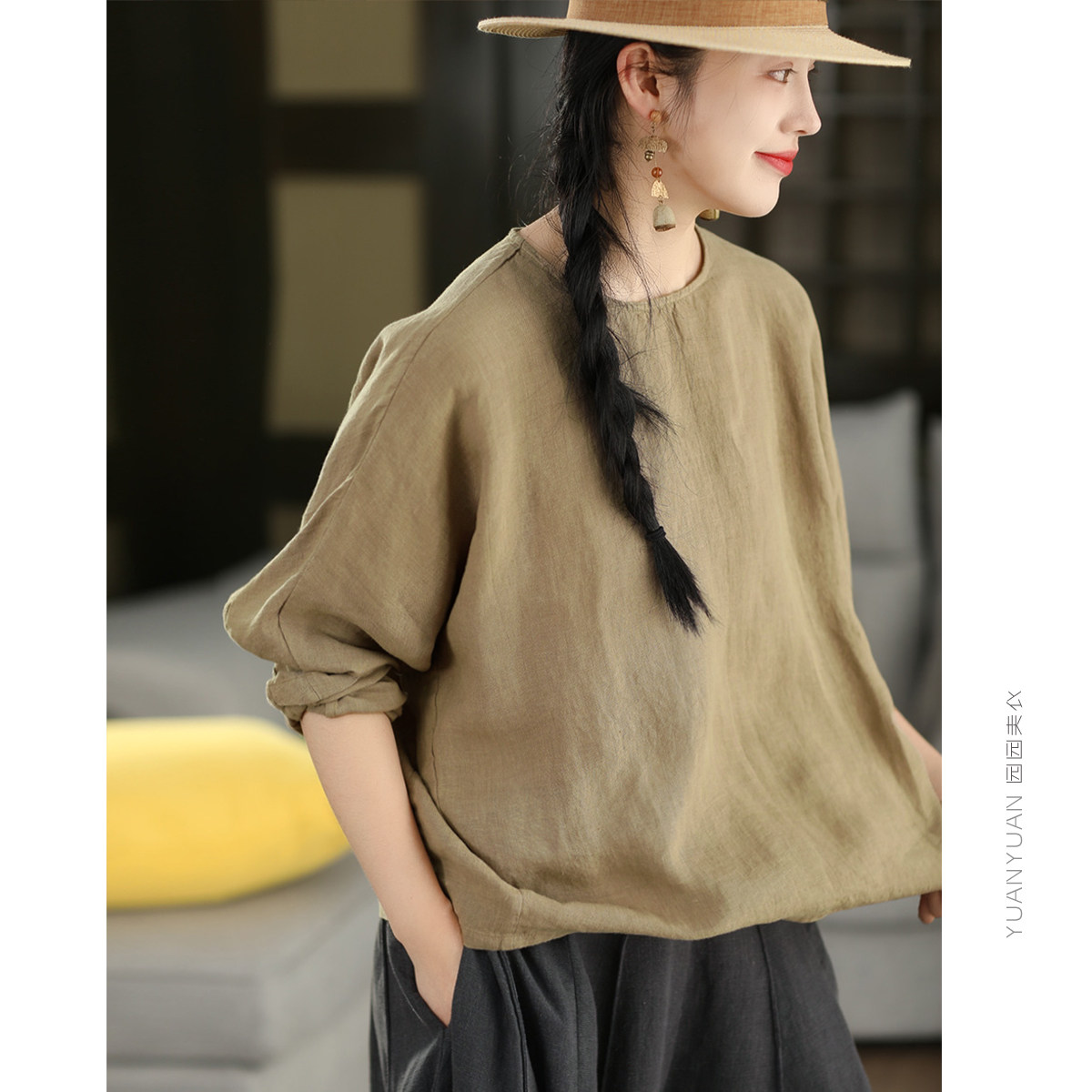 高端专柜品质100%汉麻衬衫春款文艺圆领长袖衬衣气质宽松套头上衣