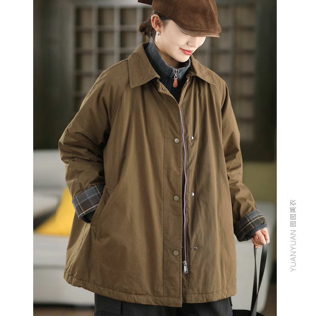 拼接格纹加厚外套中长款保暖棉衣