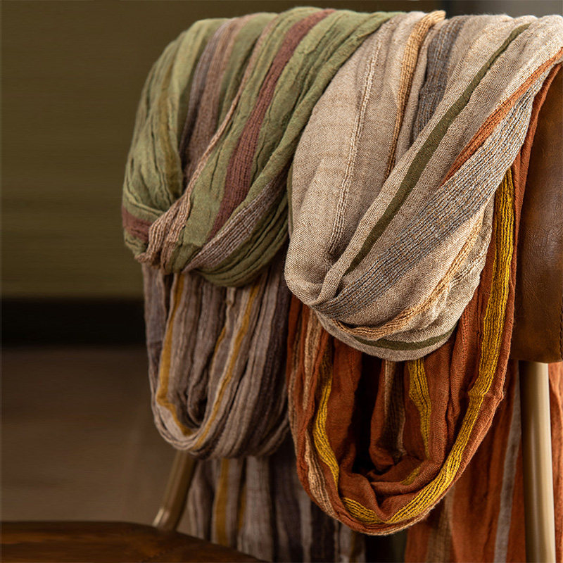 园园美衣复古秋季亚麻围巾拼色手工毛边流苏披肩棉麻丝巾配饰围脖