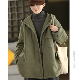 冬季复古莱赛尔亚麻棉夹棉连帽外套女文艺宽松加厚保暖棉袄棉服