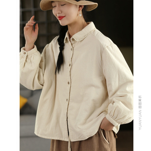 园园美衣复古麻棉衬衫女早春内里薄棉花边翻领长袖休闲衬衣上衣