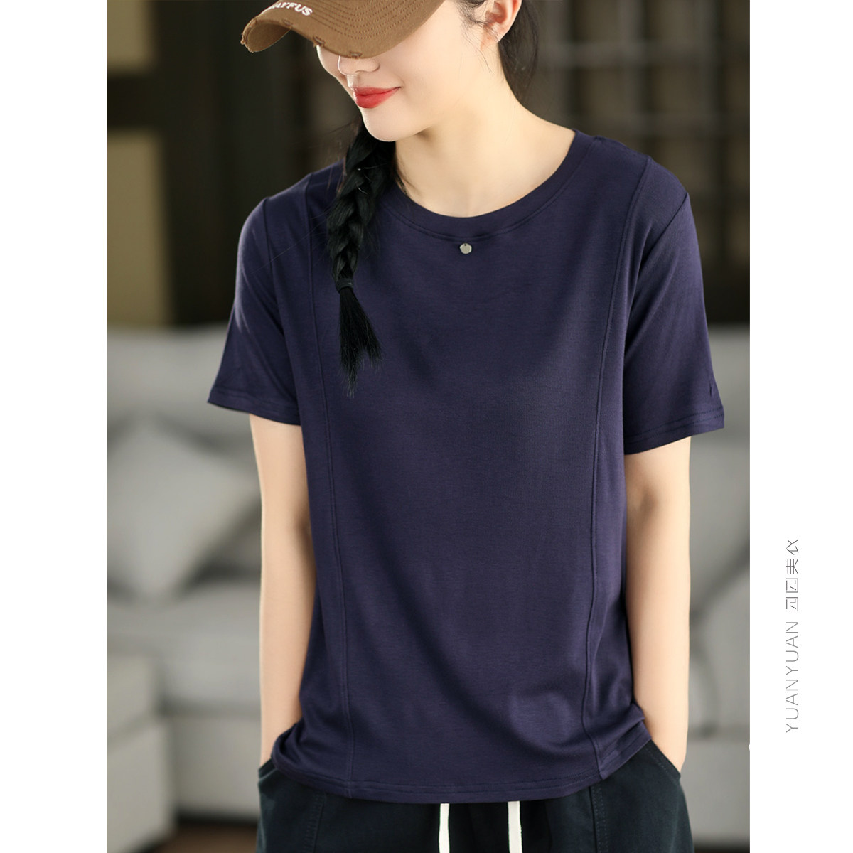 园园美衣新款复古弹力棉显瘦短袖夏季圆领纯色百搭套头衫上衣T恤