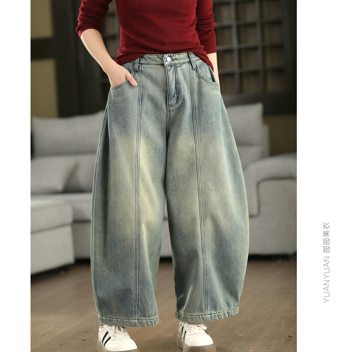 园园美衣冬季炒色牛仔加绒阔腿裤女立体拼接高腰显瘦加厚裤休闲裤,女装/女士精品,牛仔裤,淘宝优惠券,粉丝福利购,淘宝优惠卷