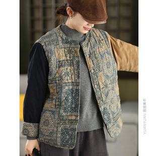 正反两面穿全棉夹棉外套棉袄女拼灯芯绒炒色印花加厚棉衣保暖棉服