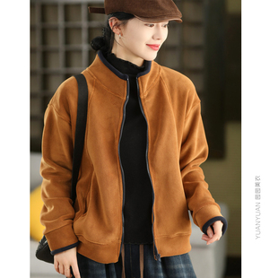 保暖运动休闲外搭 复古双面奥利绒加厚外套长袖 拉链撞色升级款