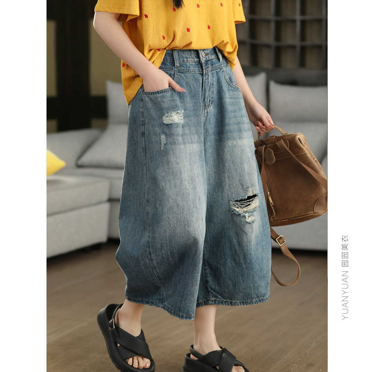 园园美衣复古磨白水洗牛仔裤女个性破洞显瘦七分裤高腰裤腿裤夏
