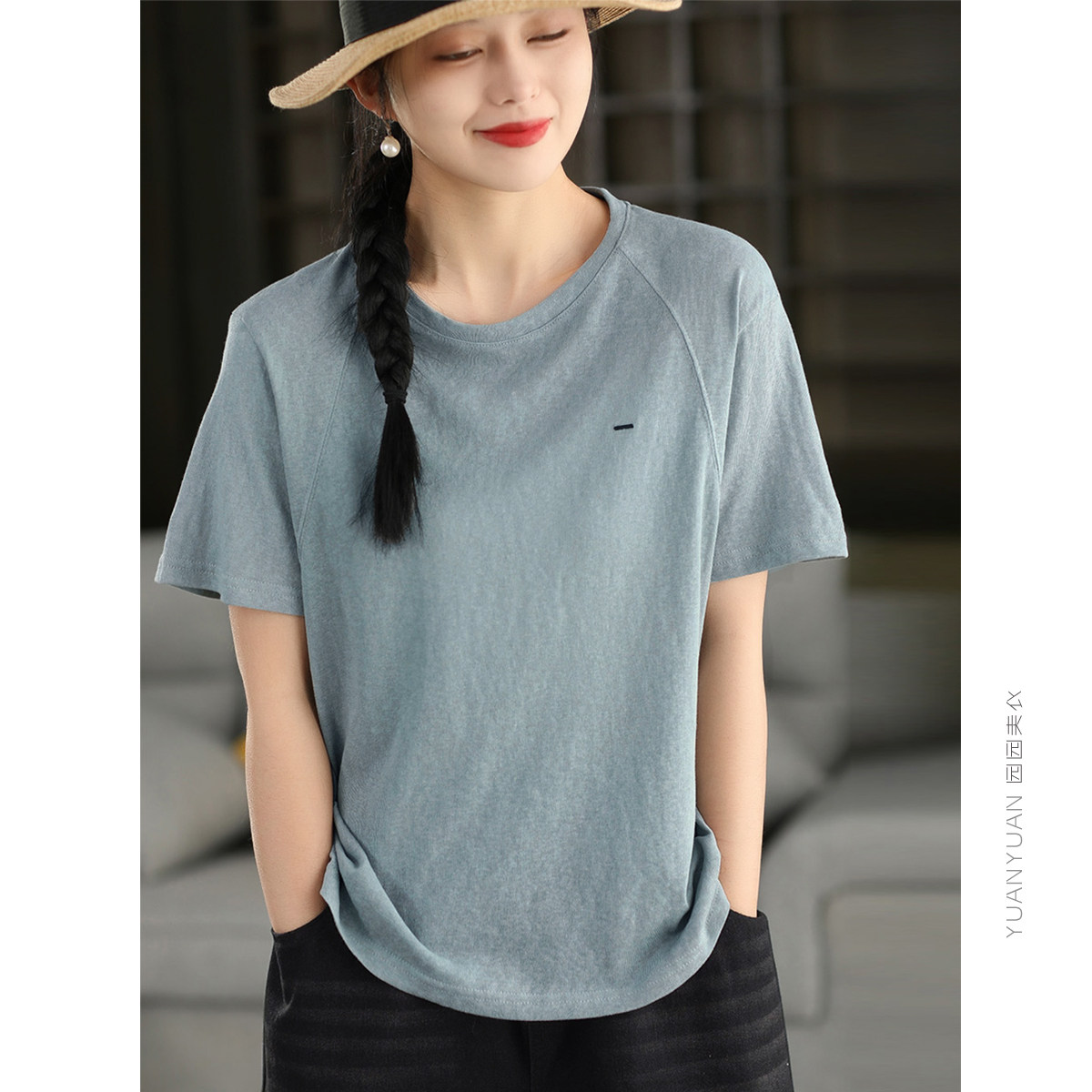 园园美衣复古透气麻感棉短袖T恤女夏季百搭纯色圆领套头衫上衣