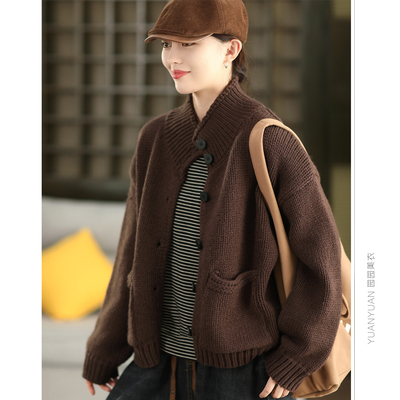 粗棒针毛衣外套单排扣针织开衫