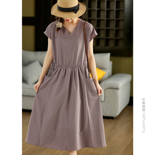 园园美衣复古天丝棉连衣裙女高腰抽绳显瘦大摆裙V领短袖长裙夏