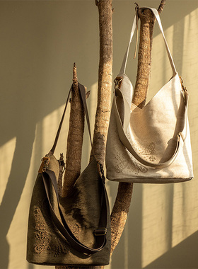 复古手工刺绣黄麻包文艺单肩包亚麻包女可调节肩带斜跨包帆布包