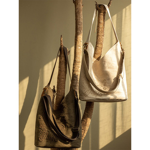 复古手工刺绣黄麻包文艺单肩包亚麻包女可调节肩带斜跨包帆布包