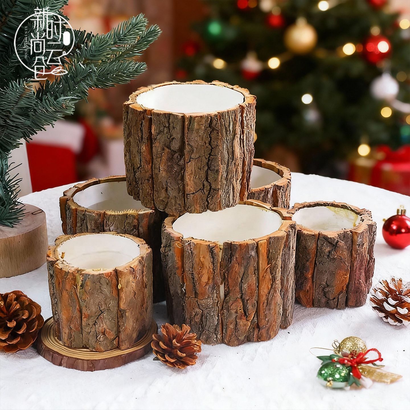 圣诞节树皮桶插花鲜花花束木桶木头花盆抱抱桶底座鲜花艺包装材料