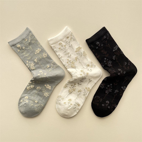 春夏文艺小清新碎花中筒袜日系复古花朵堆堆袜韩系无骨棉质女袜子