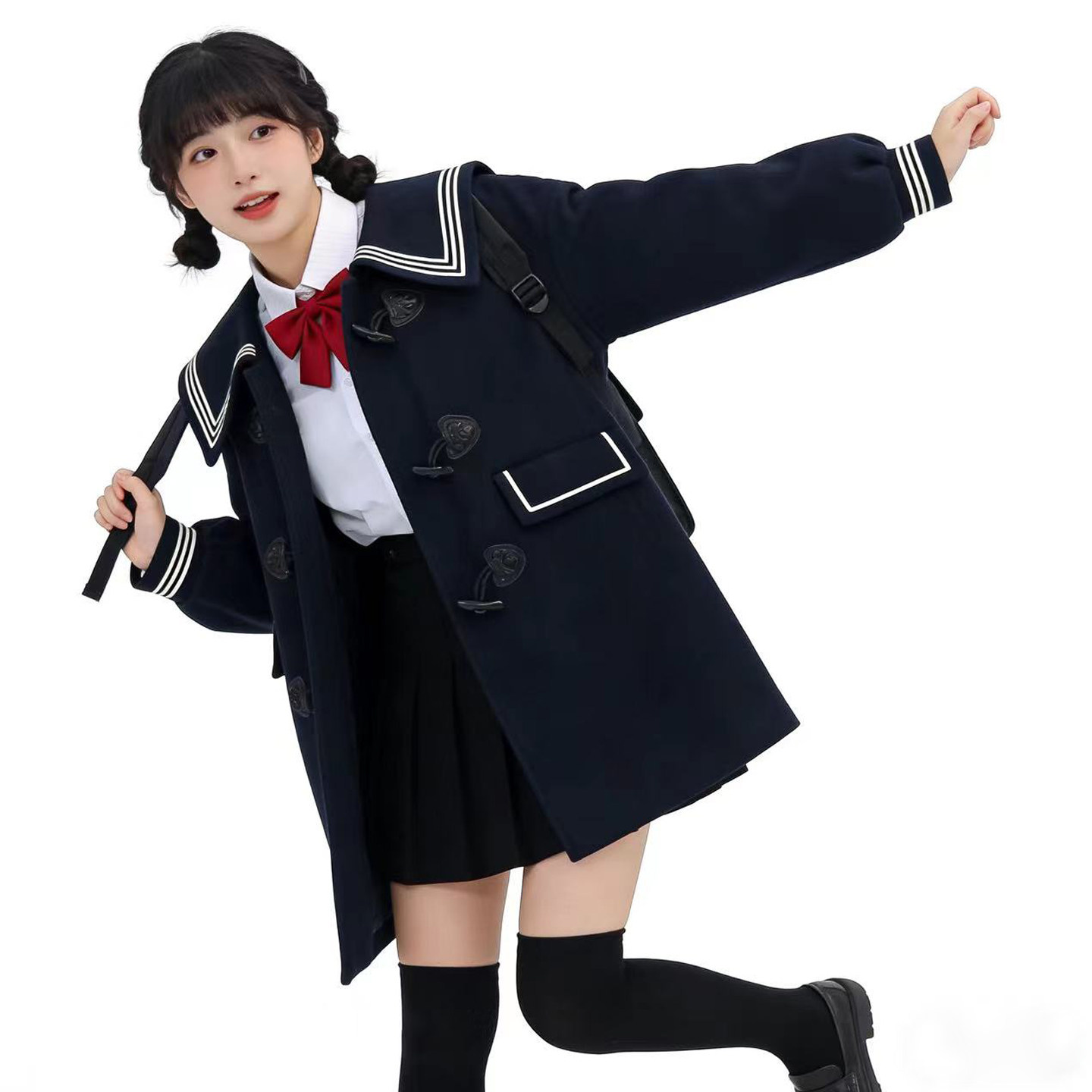 原创魔卡少女毛呢外套秋冬日韩学院风中长款海军领牛角扣加厚大衣