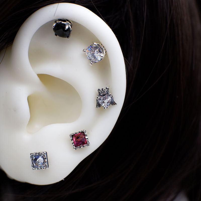 s925银皇冠爱心锆石几何螺丝耳骨钉耳垂钉潮流复古泰银耳环银饰品