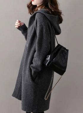 灰色连帽中长款开衫女100%纯羊毛衫秋冬新款加厚毛衣针织羊绒外套