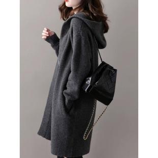 灰色连帽中长款开衫女100%纯羊毛衫秋冬新款加厚毛衣针织羊绒外套