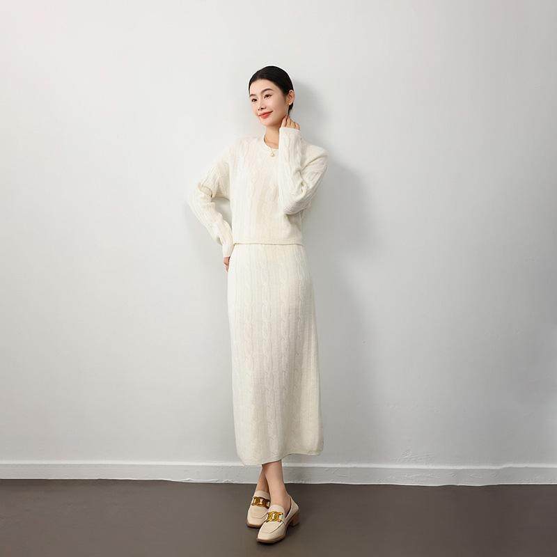 秋冬新款00羊毛两件套女圆领针织麻花羊绒毛衣中长款半身裙套装