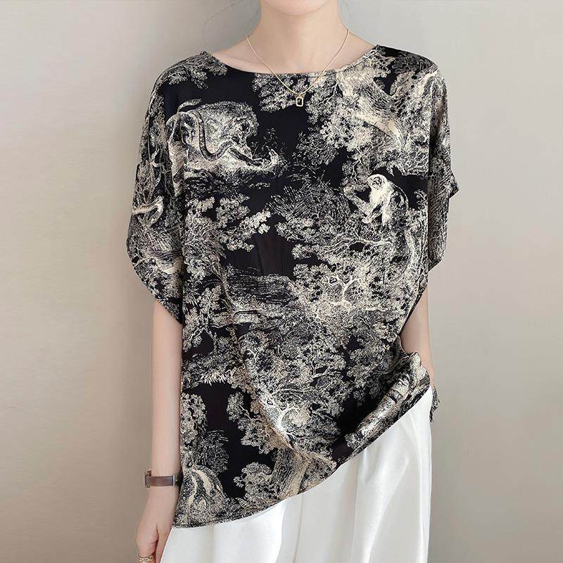 2025夏季新款醋酸缎面短袖圆领宽松水墨印花T恤气质显瘦上衣