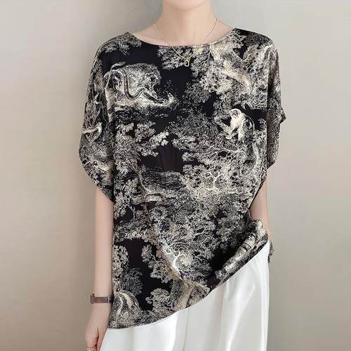 2025夏季新款醋酸缎面短袖圆领宽松水墨印花T恤气质显瘦上衣