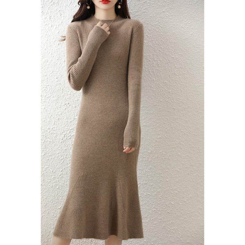 秋冬款圆领100%羊绒针织连衣裙女中长款抽条显瘦纯色打底纯羊毛裙
