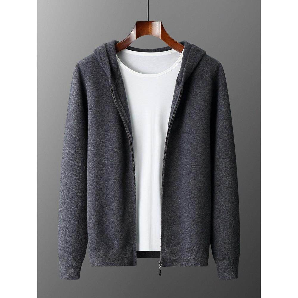 秋冬新款纯山羊绒开衫连帽拉炼男士针织外套加厚毛衣休闲带帽上衣