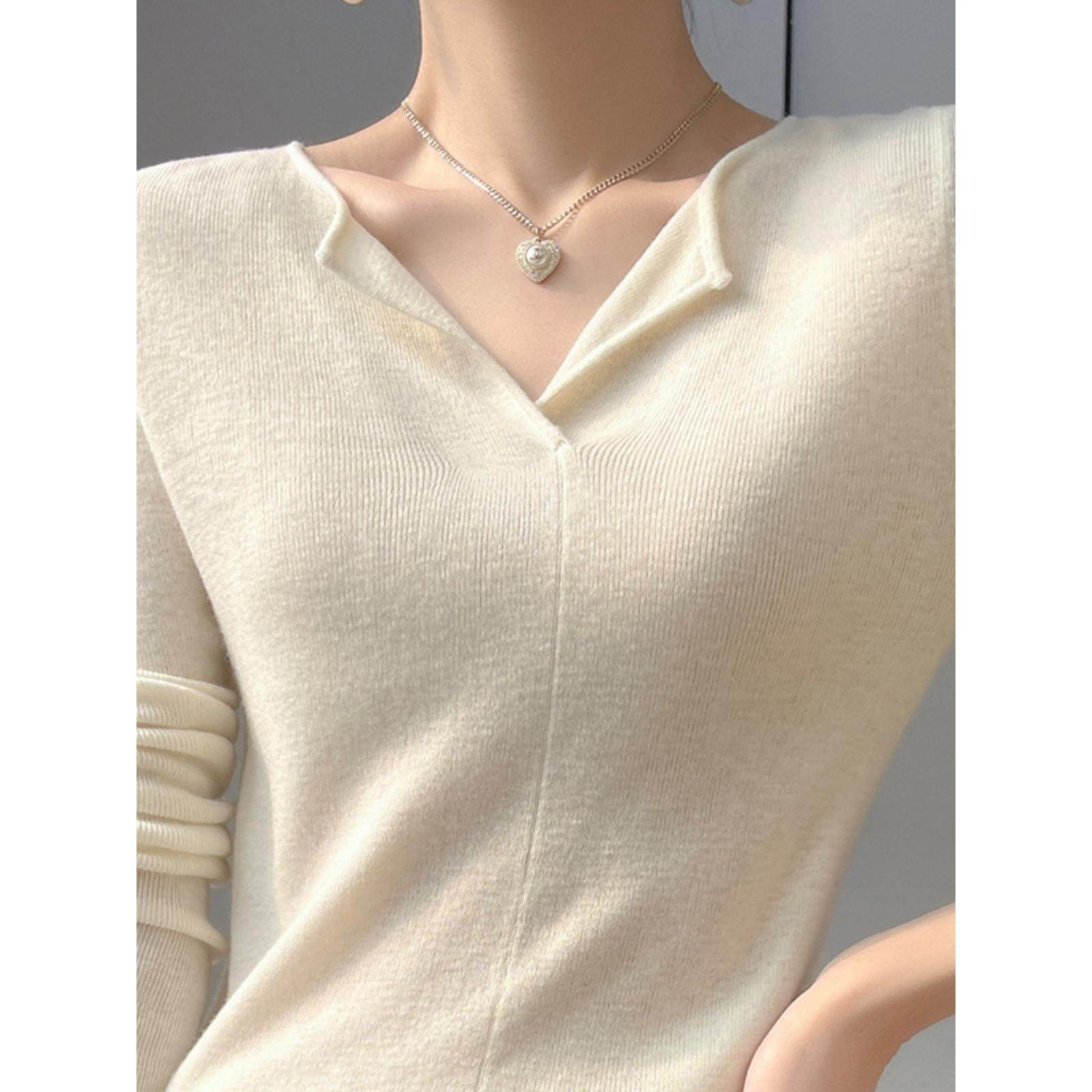 100%纯羊毛设计感小翻领修身显瘦羊绒针织衫女士秋冬新款软糯毛衣