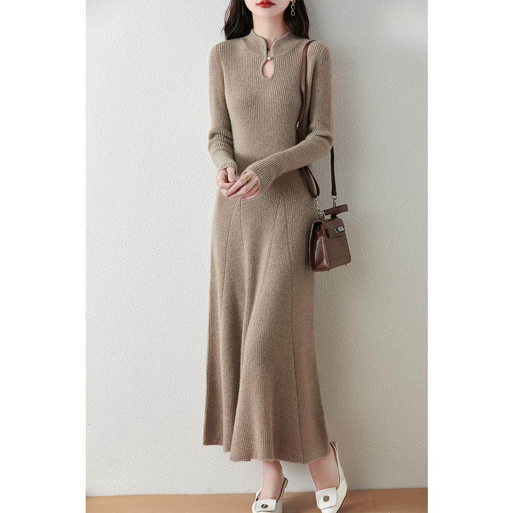 100%羊毛衫女中长款过膝长裙立领毛衣裙冬修身显瘦针织国风连衣裙