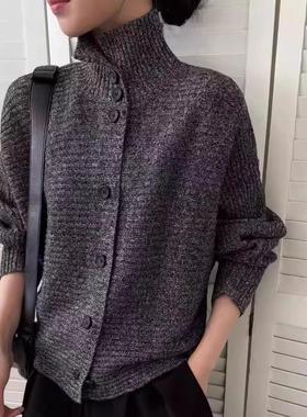 2025秋冬新款高领100%羊毛开衫女欧货高端灰色针织衫加厚毛衣外套