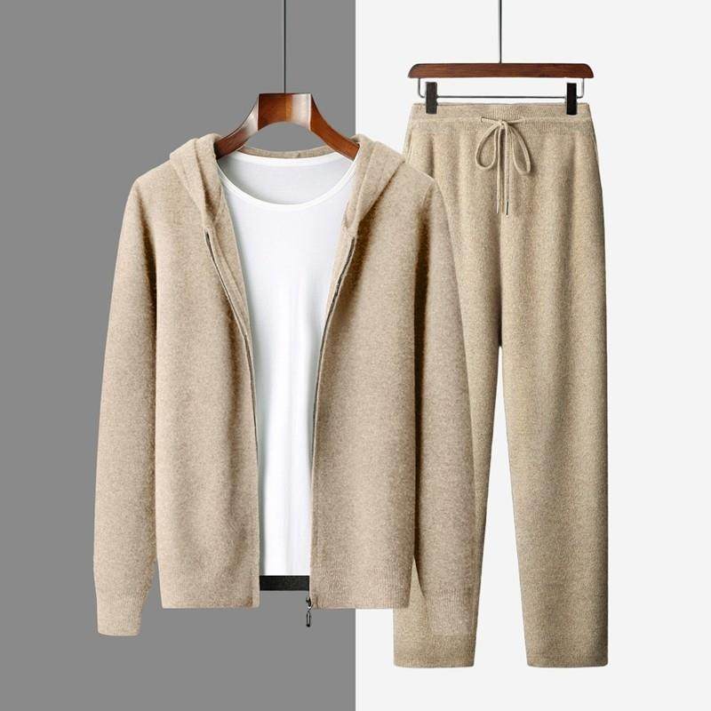 秋冬新款纯山羊绒连帽开衫男宽松针织毛衣外套保暖帽衫休闲裤套装