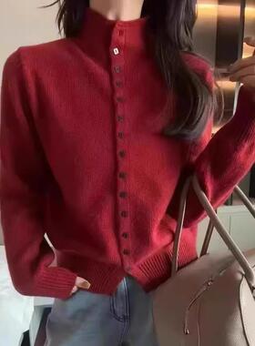 2025秋冬新款100%纯羊毛衫女韩系单排扣针织开衫显瘦红色毛衣外套