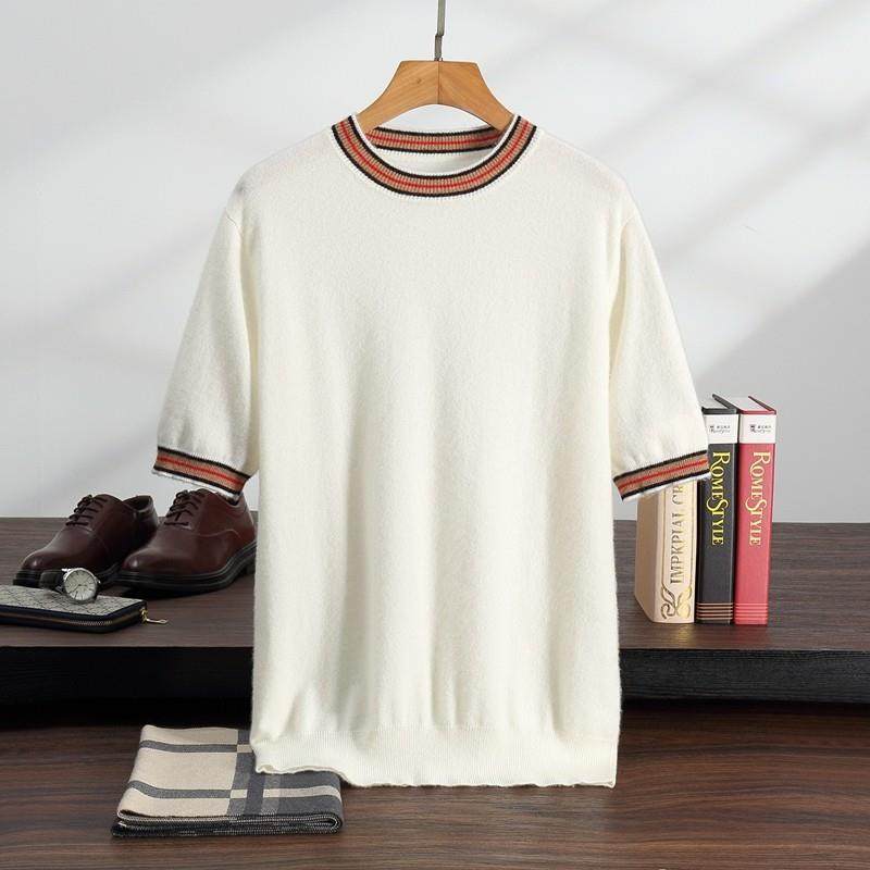 秋冬新款羊绒衫男士圆领加厚T恤宽松青年拼色打底衫针织短袖