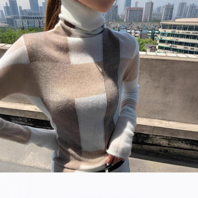 跨境2025秋冬新款堆领包芯纱针织衫女内搭几何拼色打底衫毛衣