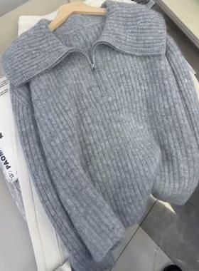 2025秋冬新款100%纯羊毛衫女翻领拉炼毛衣时尚羊绒针织衫灰色上衣