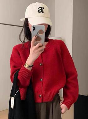 2025秋冬新款100%纯羊毛开衫女圆领红色毛衣百搭气质针织羊绒外套