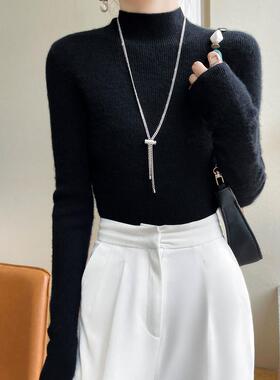 2025秋冬新款半高领羊绒衫女100%纯羊毛修身套头毛衣针织黑色打底