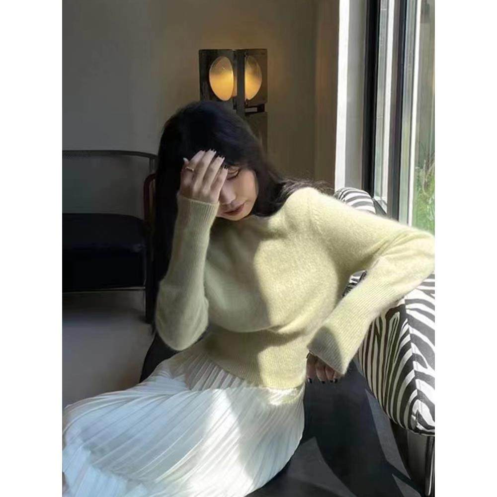 24秋冬新款纯羊绒衫女一字领针织收腰短款毛衣气质显瘦洋气羊毛衫