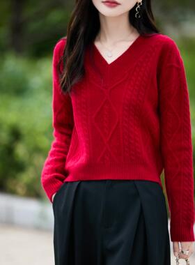 V领短款100%纯羊毛衫女2025秋冬新款红色毛衣针织羊绒小个子上衣