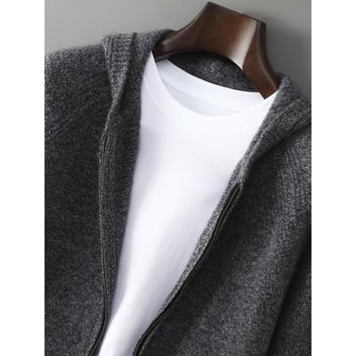 100%纯羊毛开衫男士2025秋冬新款连帽拉炼毛衣休闲羊绒针织外套